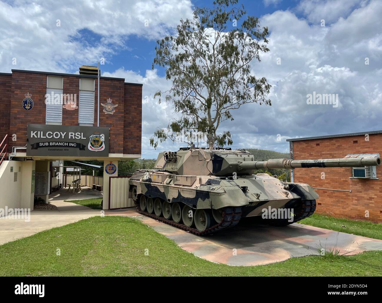 View of a military armoured vehicle, tank, in front of the RSL instalations in the rural town of Kilcoy, Queensland, Australia Stock Photo