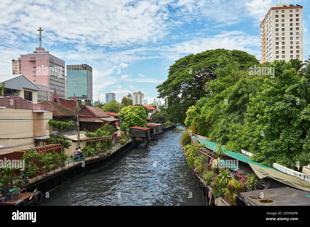 Empty Khlong near Siam with skyscrapers as background and beautiful green environment in Bangkok City, Thailand, Asia Stock Photo