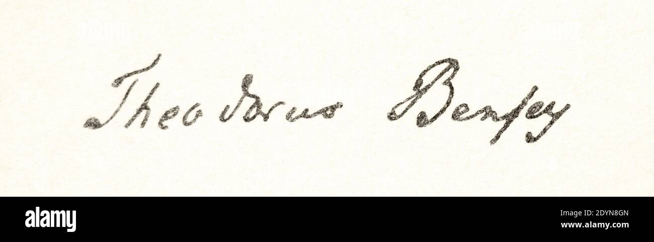 Signature of Theodor Benfey. Theodor Benfey (28 January 1809 – 26 June 1881) was a German philologist and scholar of Sanskrit. His works, particularly his Sanskrit-English dictionary, formed a major contribution to Sanskrit studies. Stock Photo