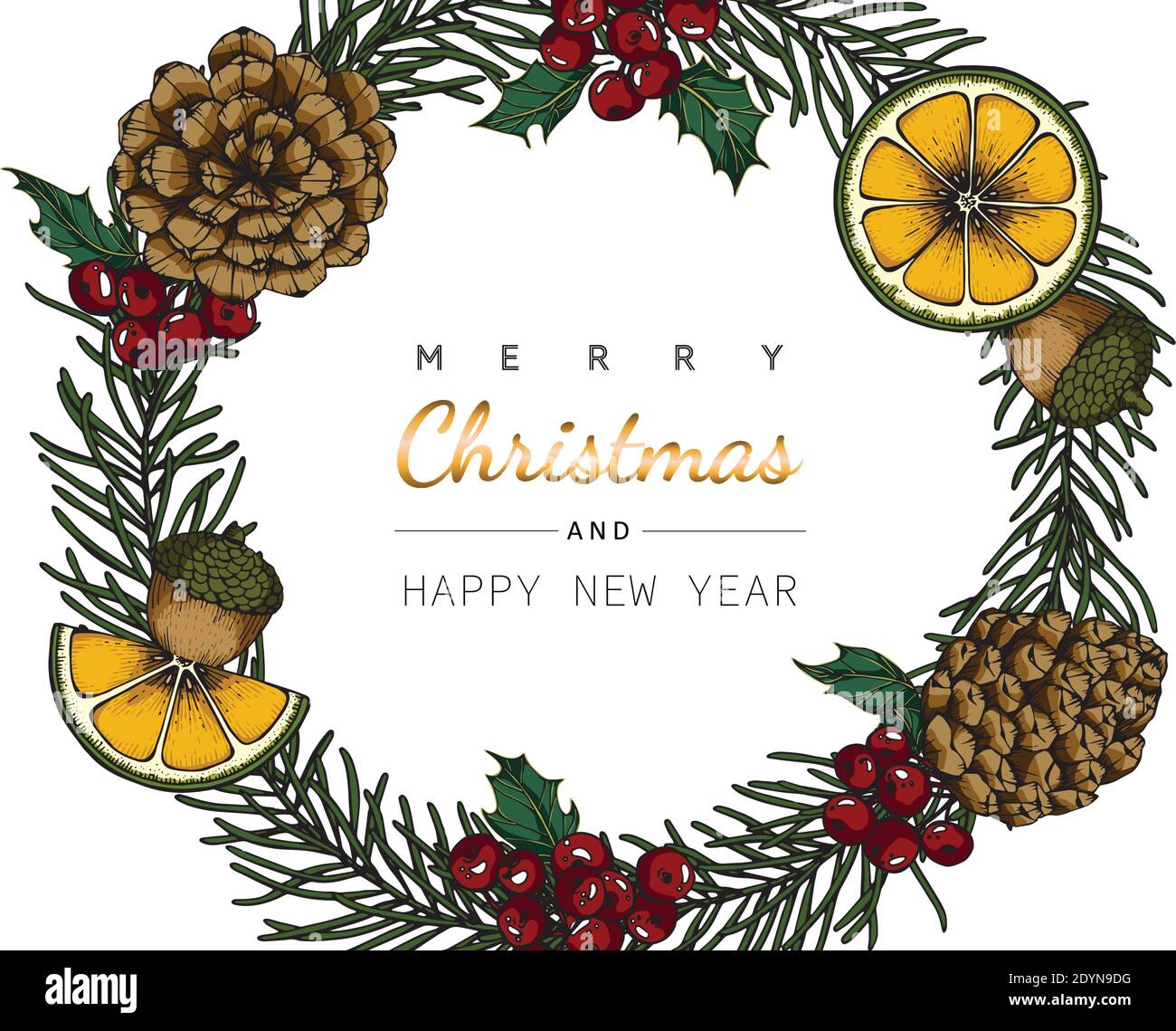 Merry Christmas and New Year backgrounds and greeting card with flower and leaf drawing illustration. Stock Vector