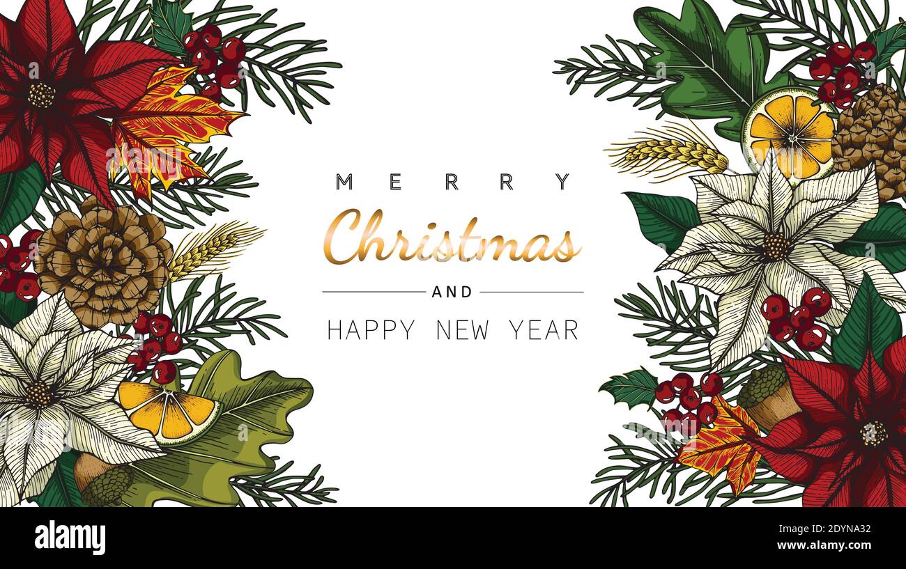 Merry Christmas and New Year backgrounds and greeting card with flower and leaf drawing illustration. Stock Vector
