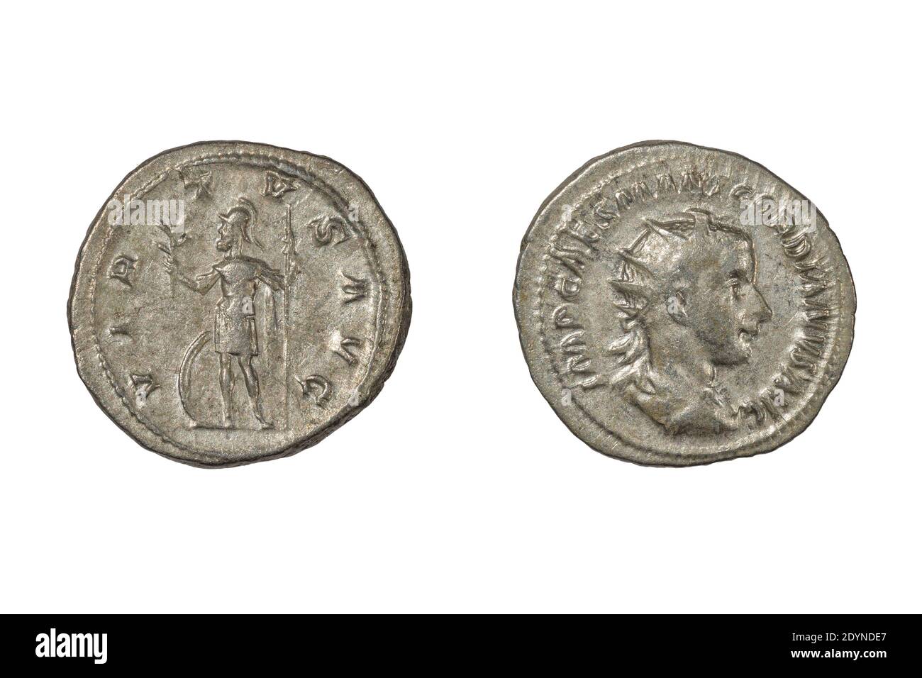 An ancient Roman silver coin, a denarius of Gordian III (238-244 AD). The reverse side shows 'Virtus' (virtue) holding a spear and olive branch Stock Photo