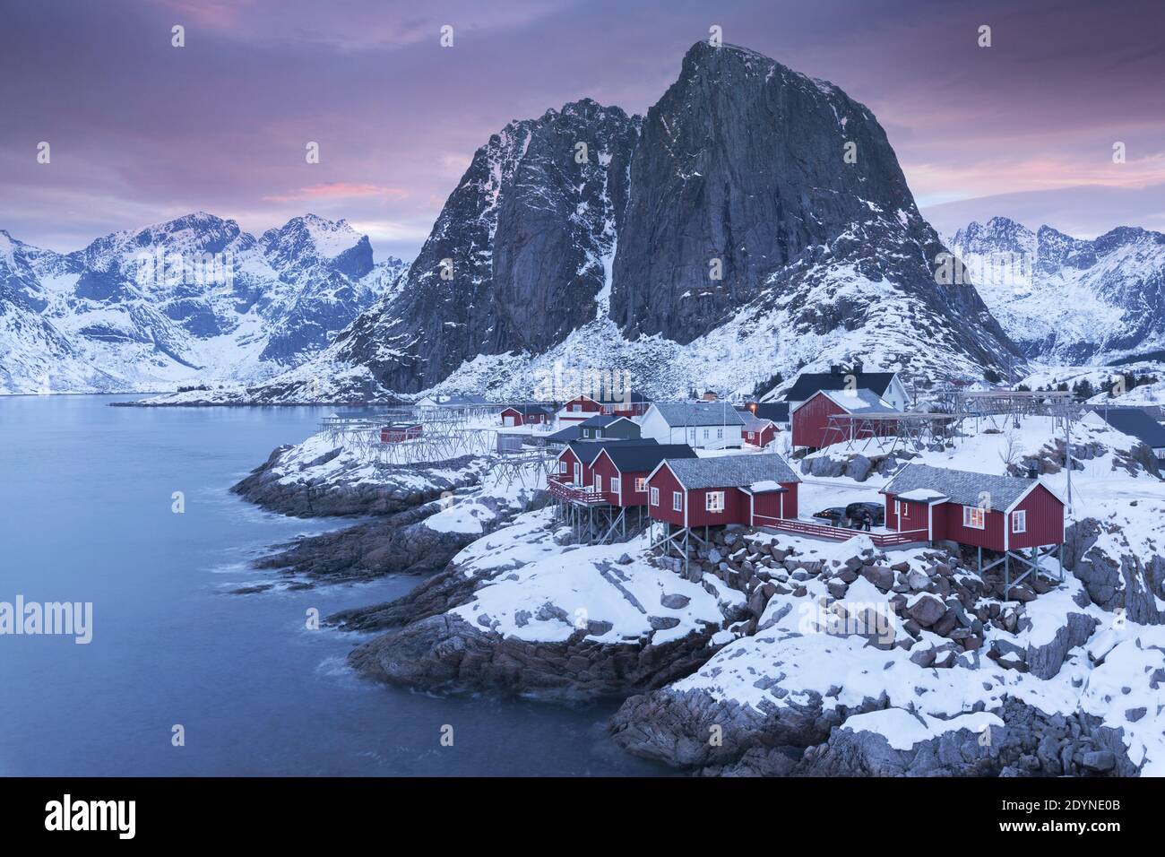 Hamnoy , Lofoten, Norway. Fisherman's Village with snow and red houses Stock Photo