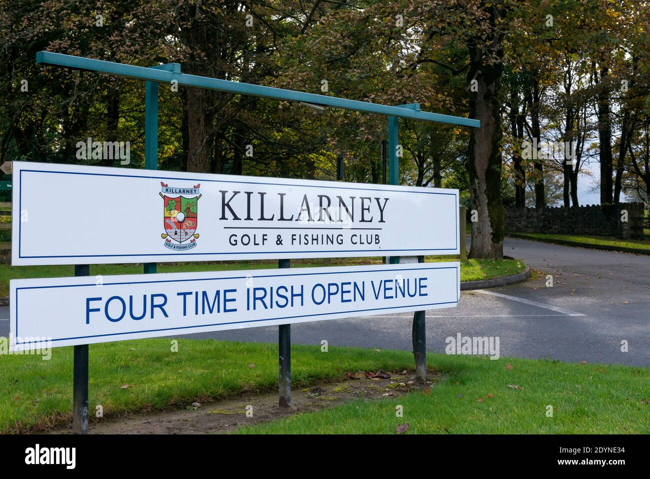 Killarney Golf and Fishing Club Four Time Irish Open Venue sign in Fossa, Killarney National Park, County Kerry, Ireland Stock Photo
