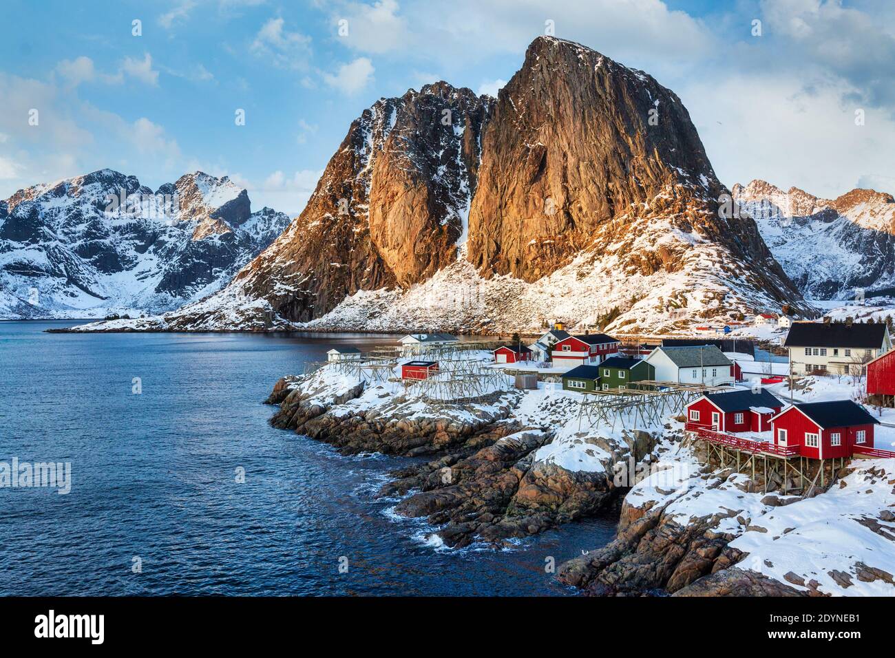 Hamnoy , Lofoten, Norway. Fisherman's Village with snow and red houses Stock Photo