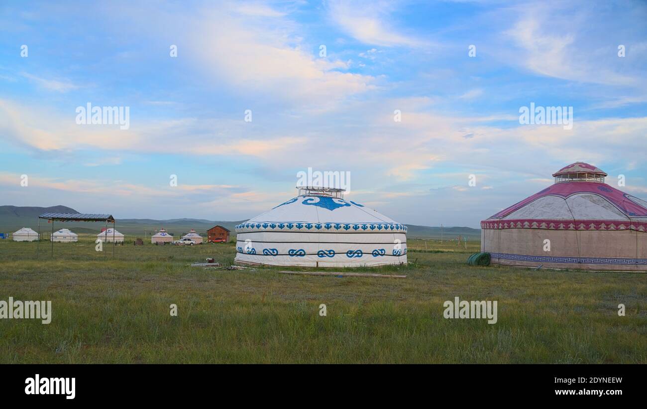 Yurts on grassland of Inner Mongolia under the blue sky and white clouds Stock Photo