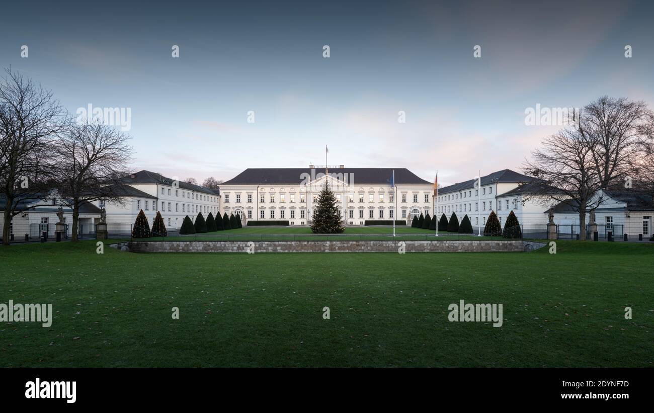 Bellevue Palace, seat of the German Federal President, with Christmas tree at Christmas time, Berlin, Germany Stock Photo