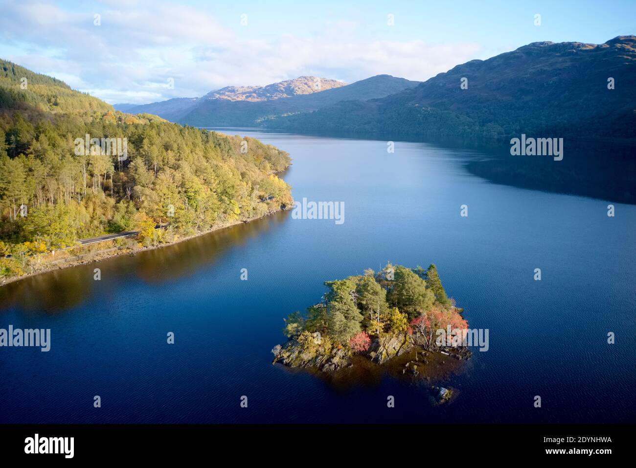 Loch Lomond aerial view at Autumn during sunrise near Tarbet Stock Photo