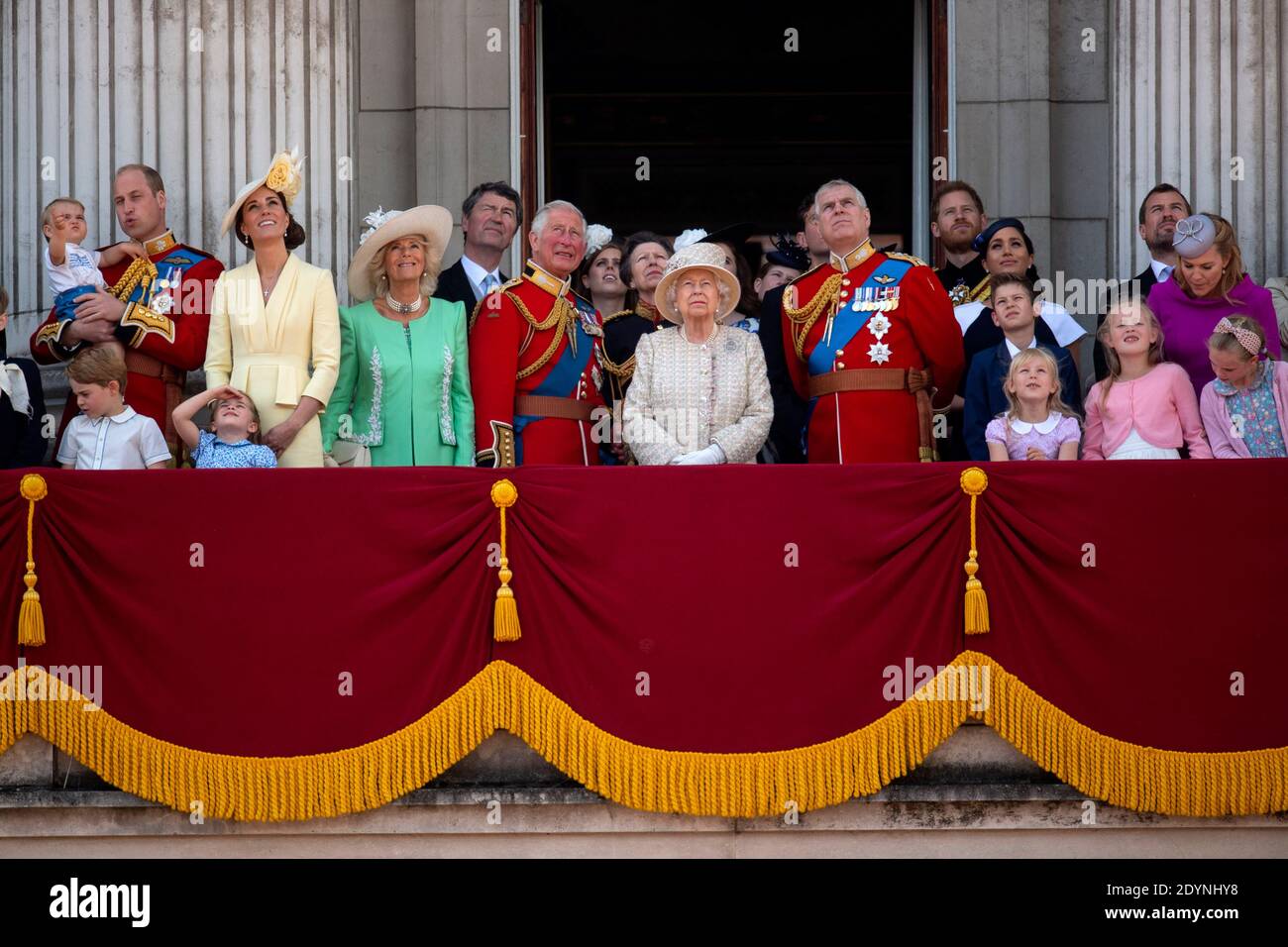 File photo dated 8/6/2019 of Queen Elizabeth II is joined by members of the royal family on the balcony of Buckingham Place watch the flypast after the Trooping the Colour ceremony, as she celebrates her official birthday. Stock Photo