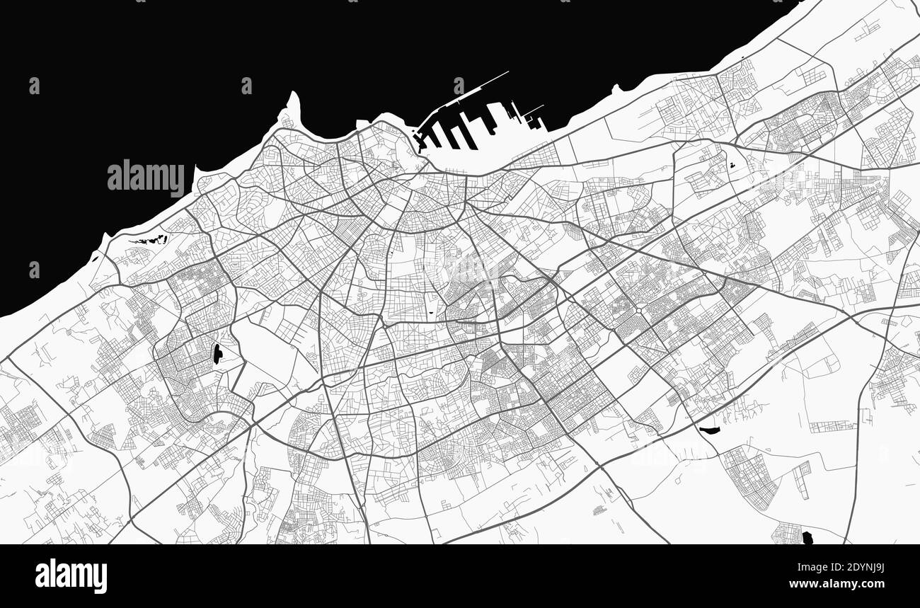 Urban city map of Tunis. Vector illustration, Casablanca map grayscale art poster. Street map image with roads, metropolitan city area view. Stock Vector
