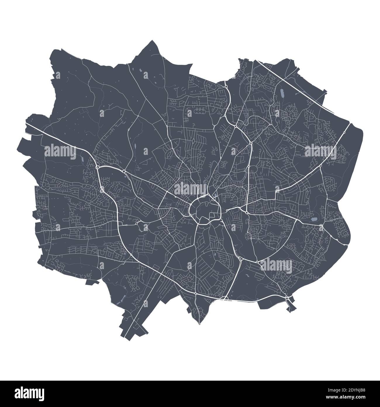 Coventry map. Detailed vector map of Coventry city administrative area. Cityscape poster metropolitan aria view. Dark land with white streets, roads a Stock Vector