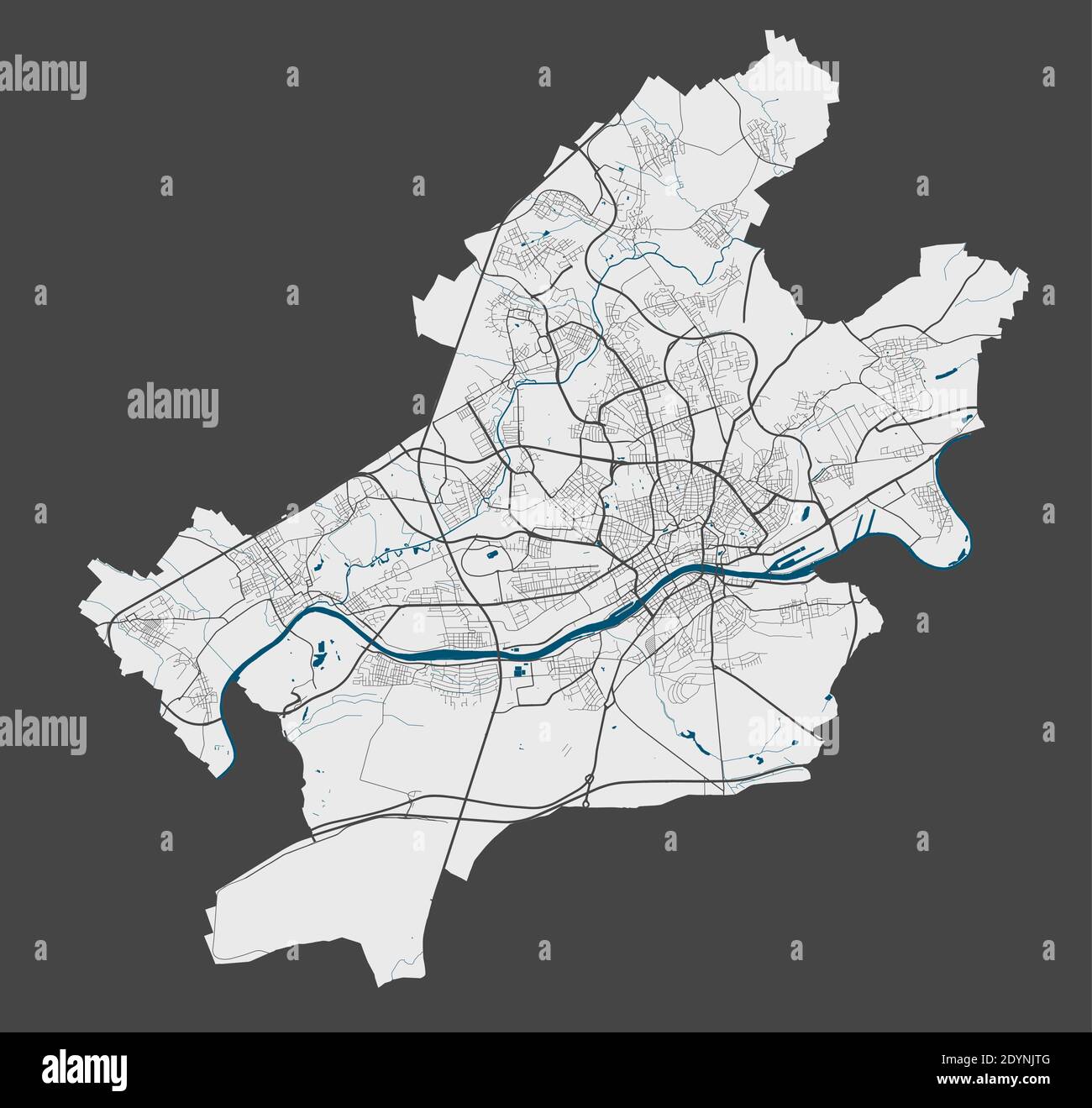 Frankfurt map. Detailed vector map of Frankfurt city administrative area. Poster with streets and water on grey background. Stock Vector