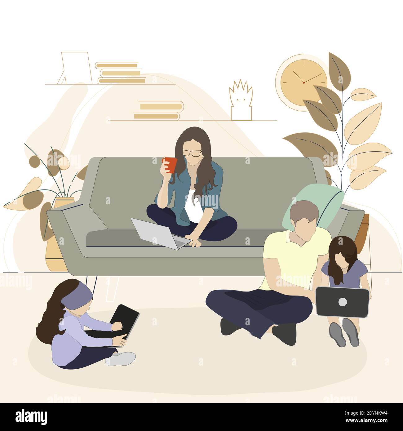Family spend time with gadgets smartphone laptop or tablet. Together addiction and dependence, watching and using on couch, habit gadget. Vector illus Stock Vector