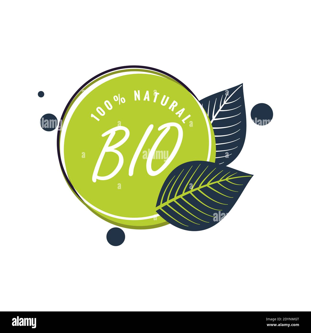 Bio natural product label, green badge with leaf. Warranty eco food, sticker bio and eco veggie, health packaging badge, vector illustration Stock Vector