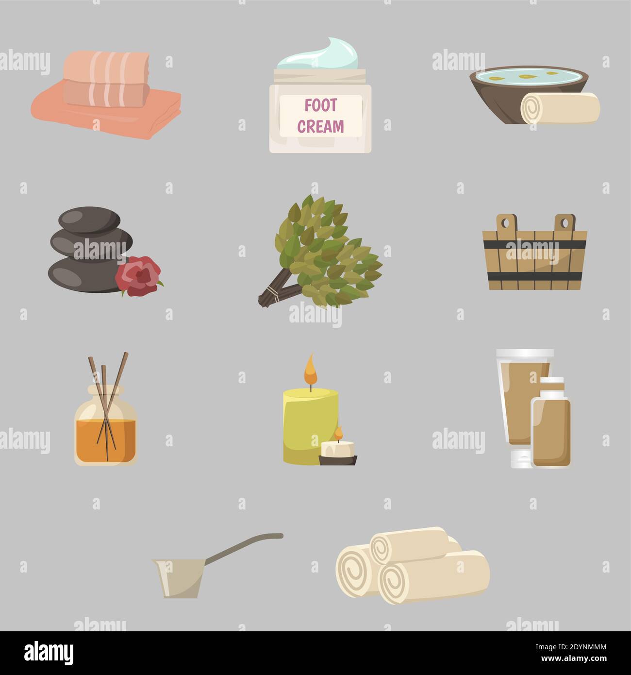 Sauna icons set, equipment and accessories. Broom leaf, towel and hot stones, wooden bucket and cream. Bath sauna equipment to spa steam, bucket and s Stock Vector