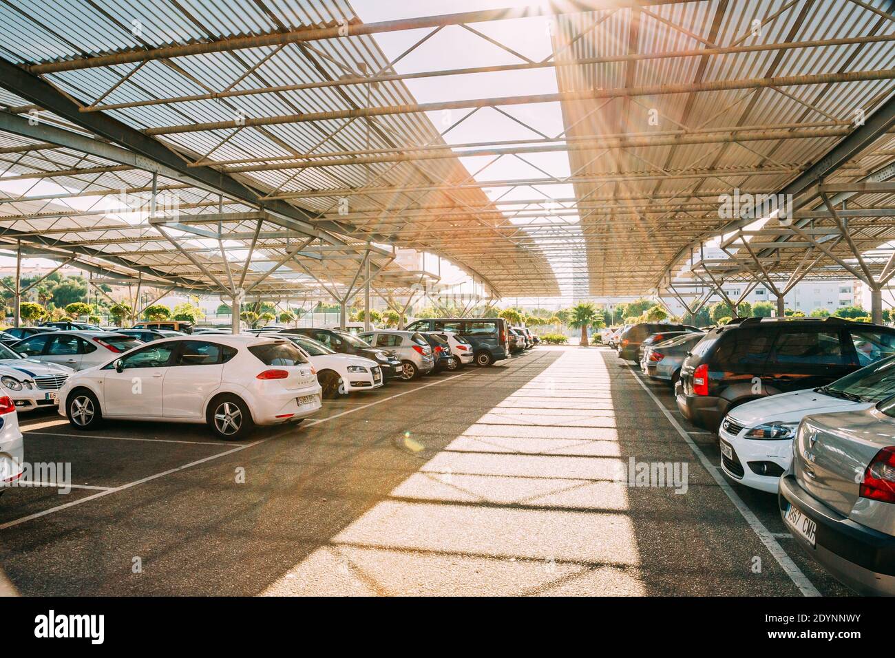 Cars on a covered parking lot in sunny summer day. Stock Photo