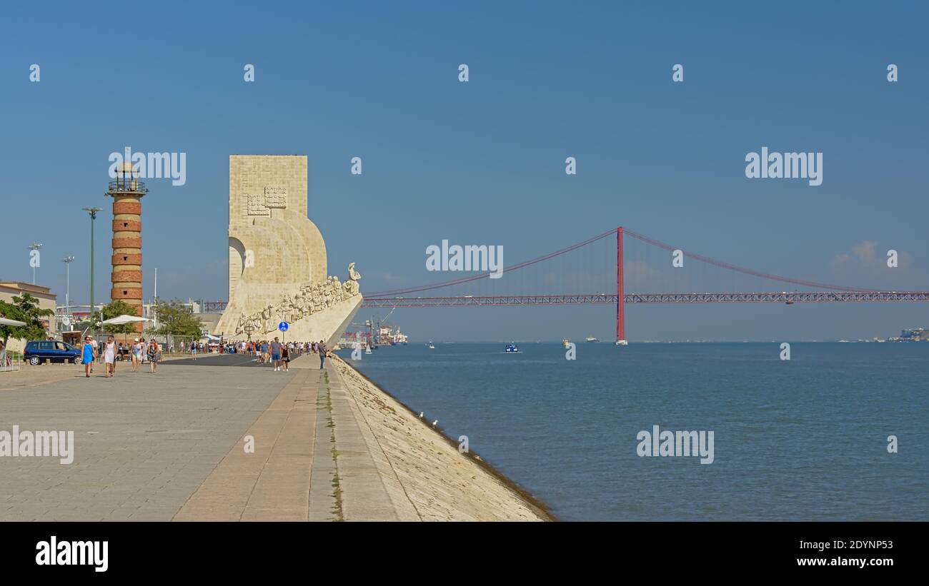 Monument of the Discoveries by architect José Ângelo Cottinelli Telmo, and sculptor Leopoldo de Almeida on the embankment of river Tagus, Lisbon, Stock Photo