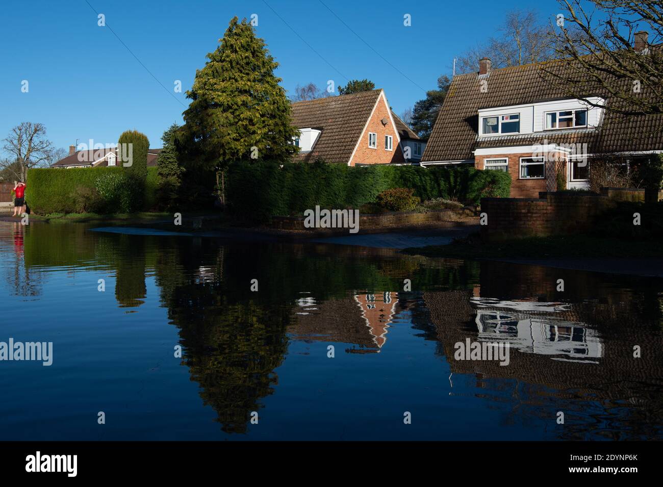 Flooding in Great Barford in Bedfordshire, after residents living near the River Great Ouse in north Bedfordshire were 'strongly urged' to seek alternative accommodation due to fears of flooding. Stock Photo