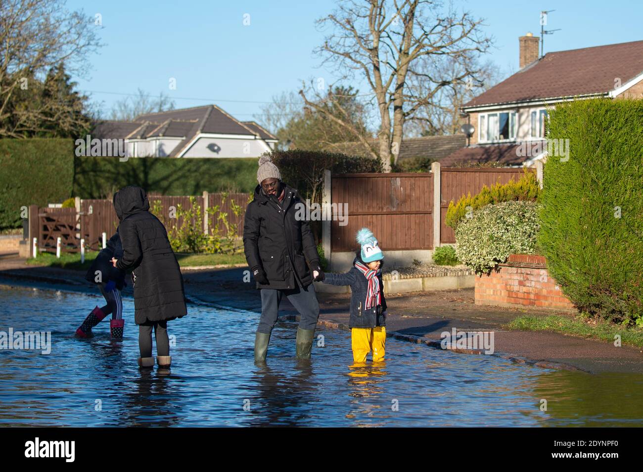 Flooding in Great Barford in Bedfordshire, after residents living near the River Great Ouse in north Bedfordshire were 'strongly urged' to seek alternative accommodation due to fears of flooding. Stock Photo