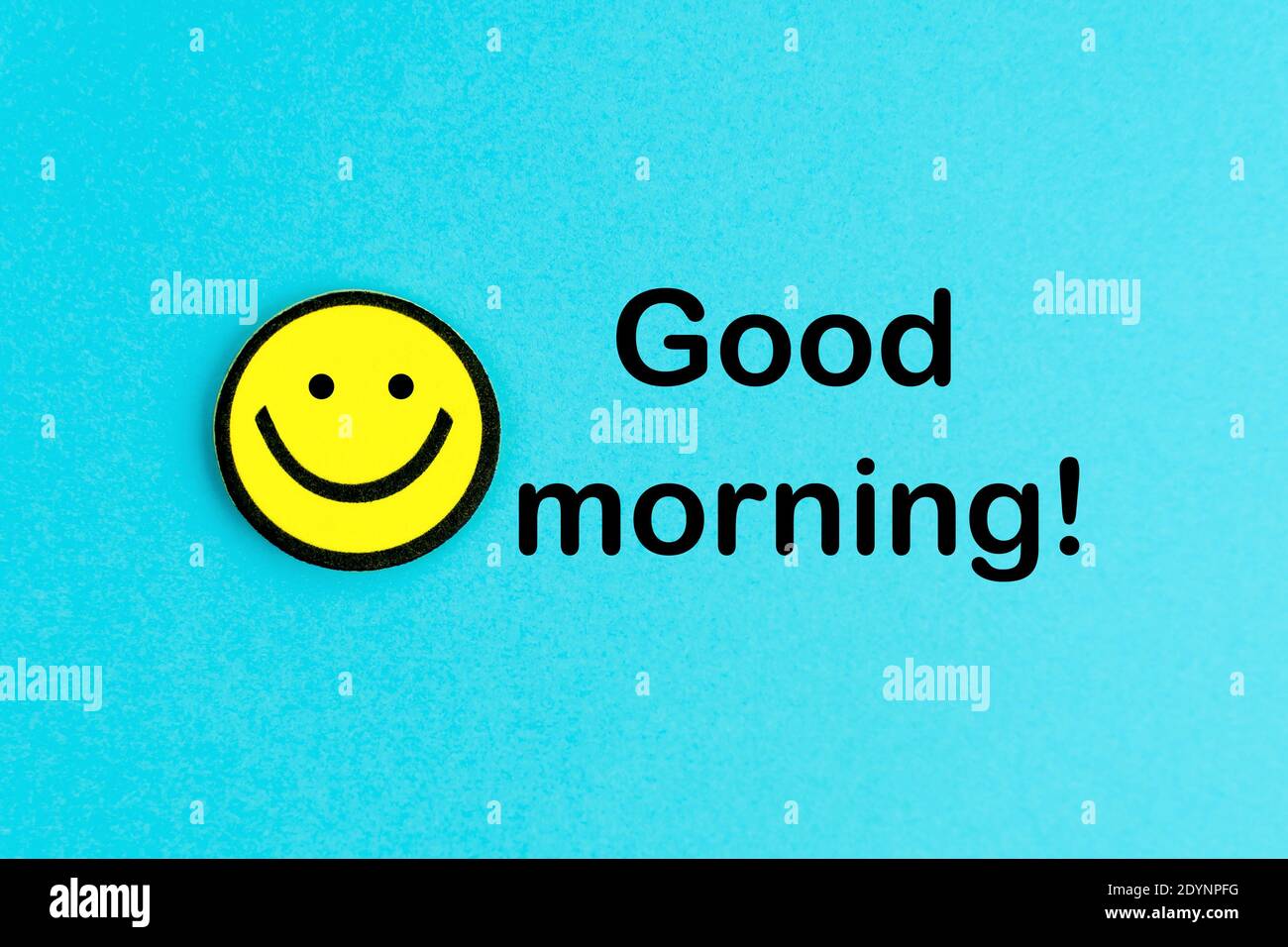 picture Good Morning Icon Images https www alamy com good morning yellow emoticon on bright blue background good day wishes smile and positive image395702484 html