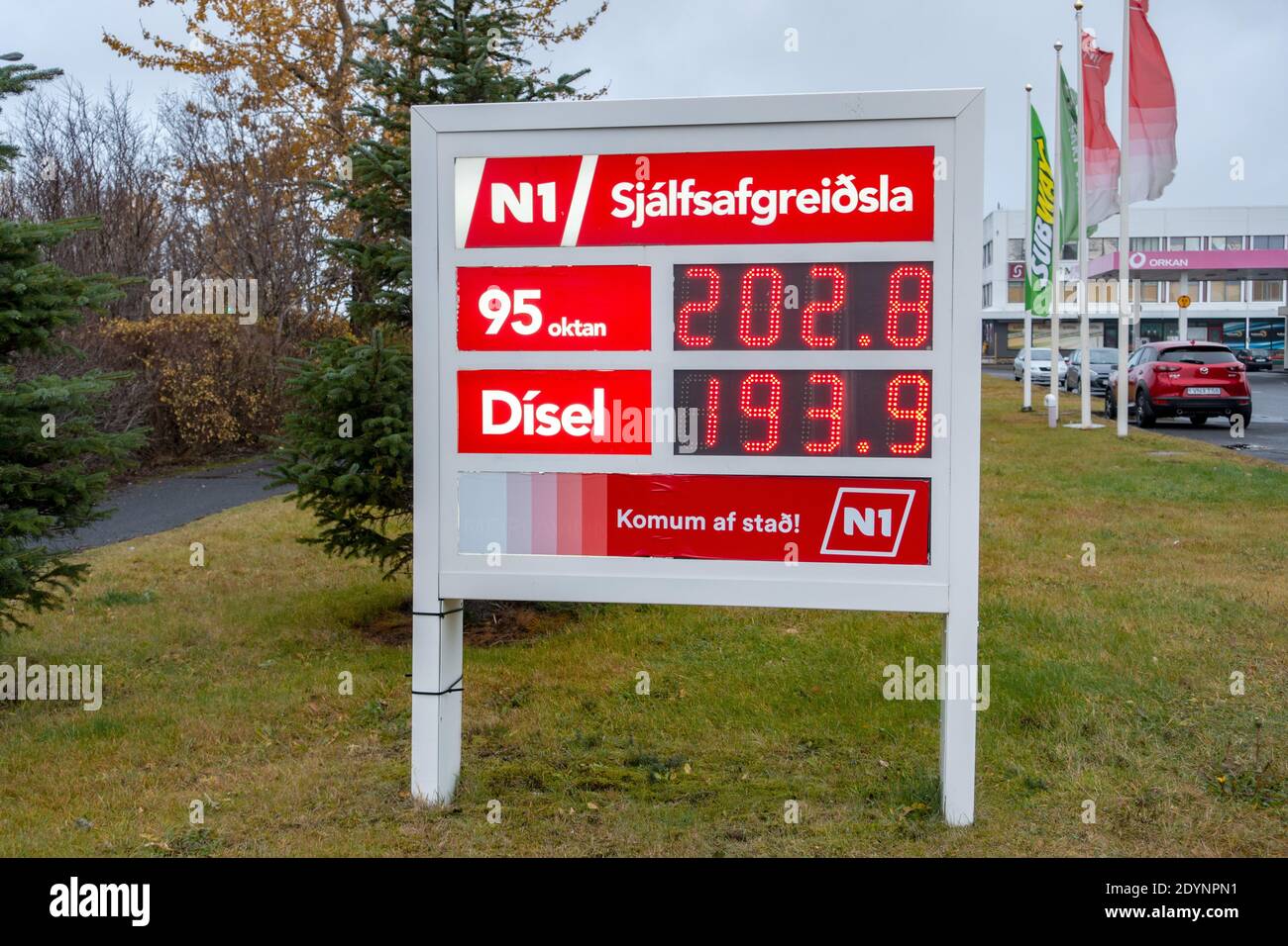 Gasoline Prices At The N1 Filling Petrol Gas Station Service Centre In Hafnarfjordur Iceland October 2017 Stock Photo
