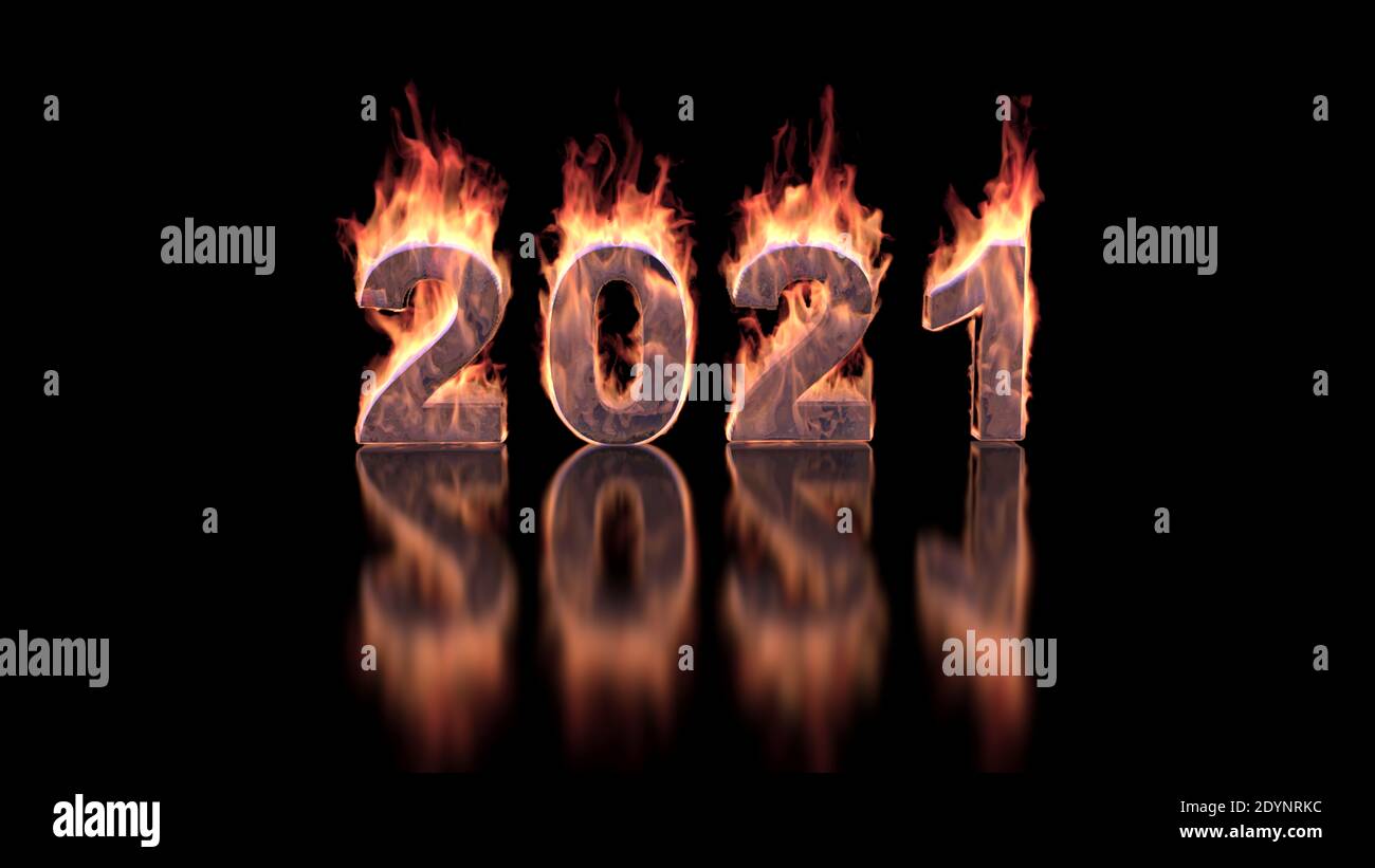 2021 year text burning in fire on glossy surface – 3d animation Stock Photo