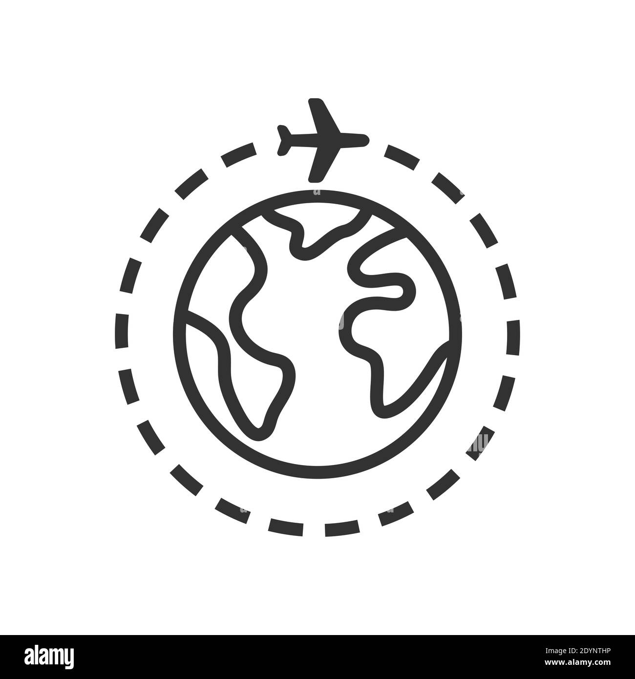 Airplane with planet or globe black vector icon. Around the world trip, earth with plane, travel symbol. Stock Vector