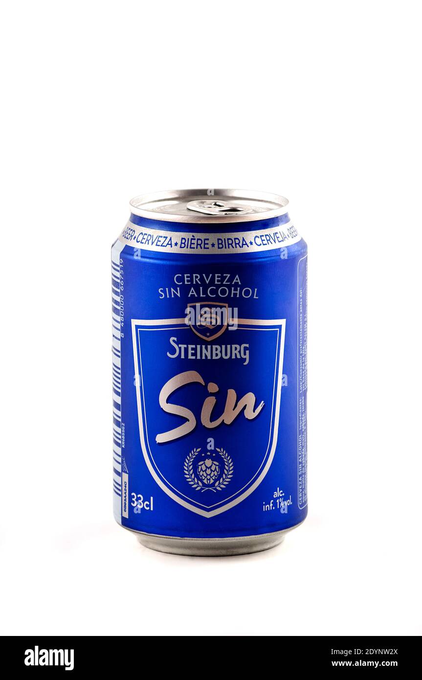 Blue bottle of Steinburg beer without alcohol of 33 Cl. Stock Photo