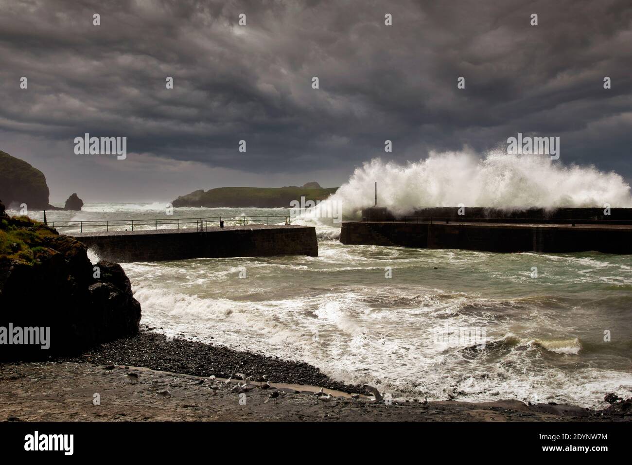 Rough Sea,Storm,Mullion Harbour,Cornwall,England Stock Photo