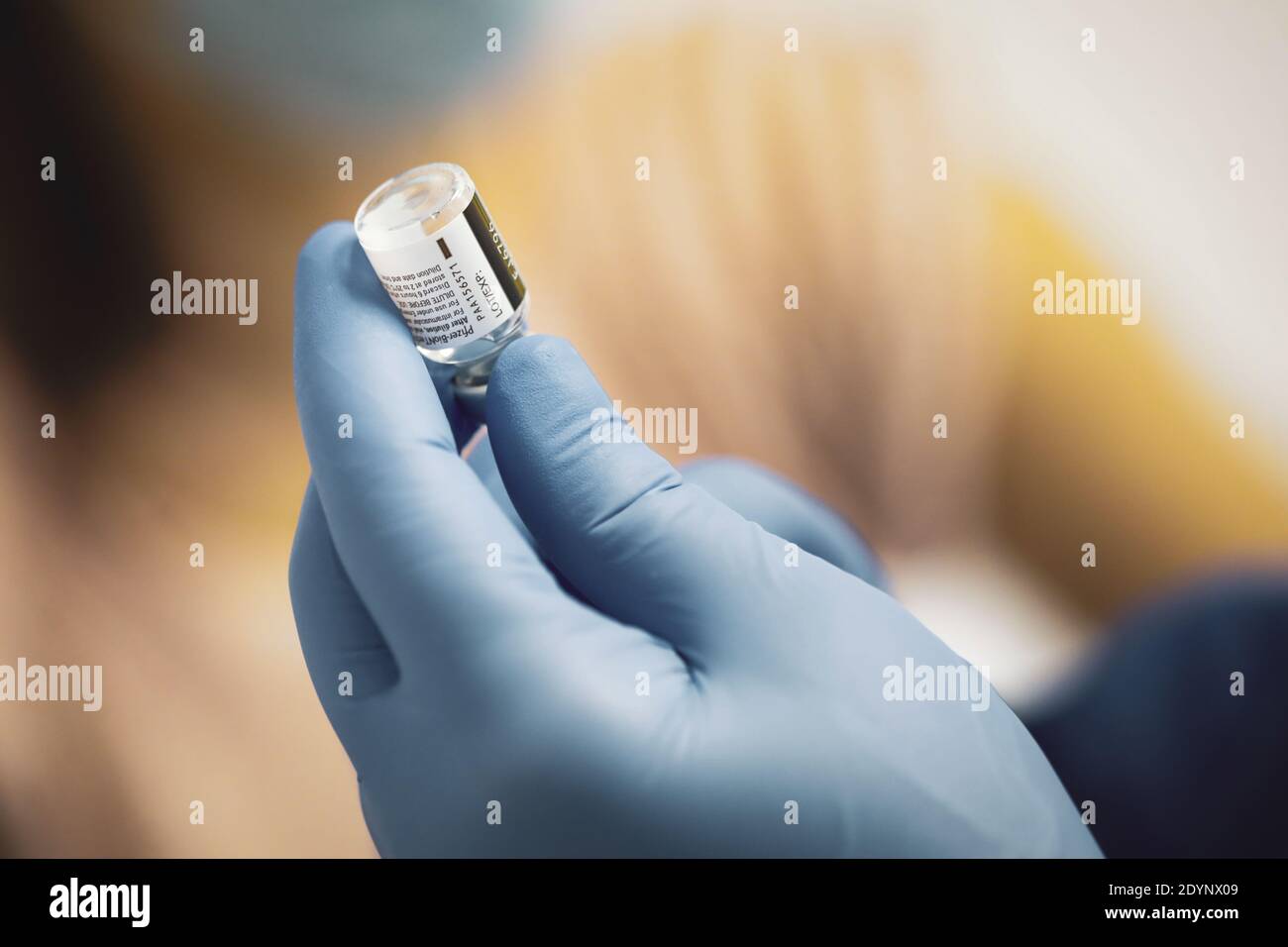 Bucharest, Romania - December 27, 2020: Shallow depth of field (selective focus) image with details of the Pfizer BioNTech vaccine in the hospital dur Stock Photo
