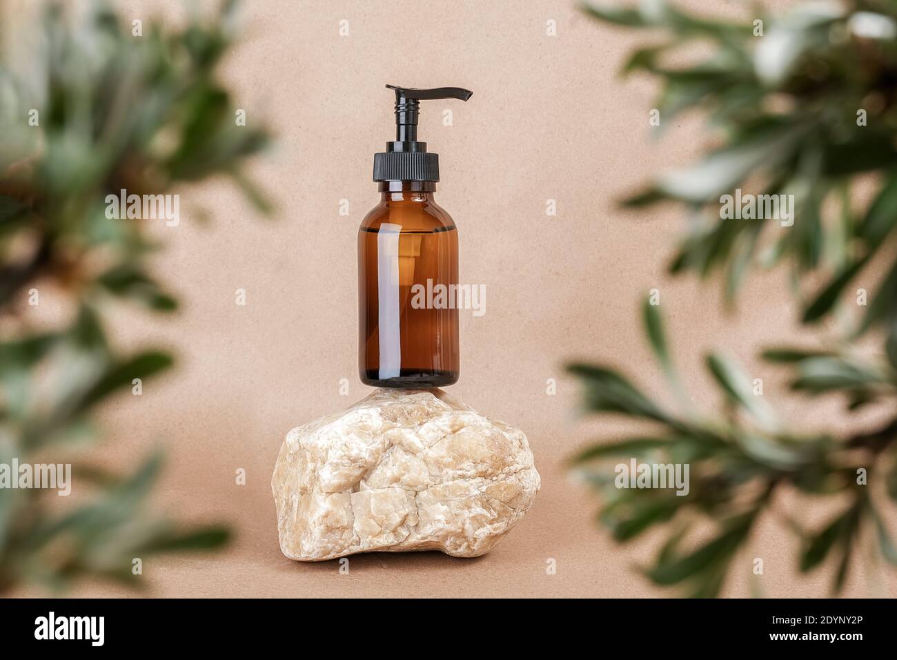 Brown glass bottle with pump of cosmetic products on stone framed by green leaves of branches, beige background. Natural Organic Spa Cosmetic Beauty C Stock Photo