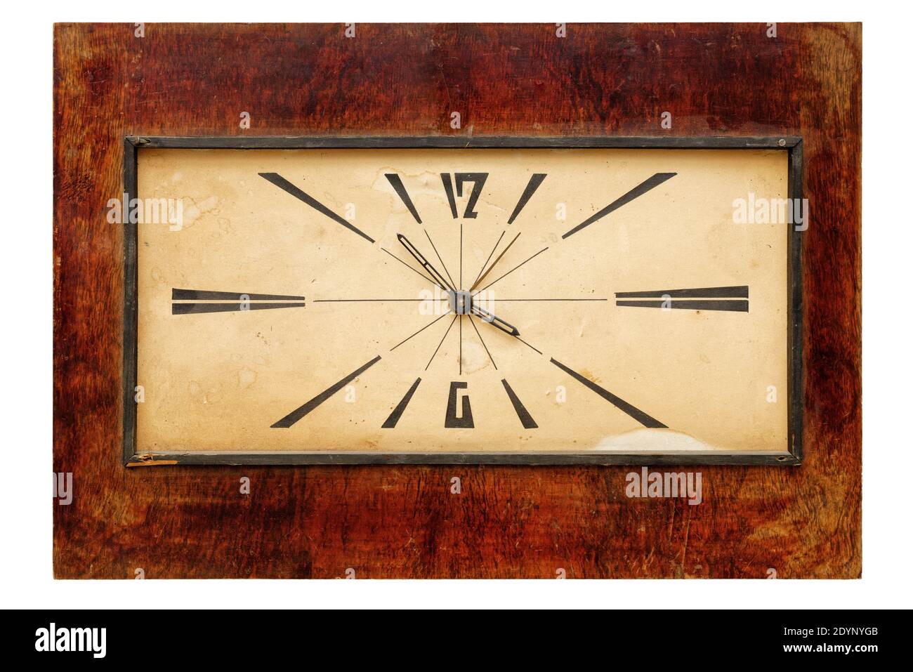 Very old retro rectangular wooden wall clock, isolated on white