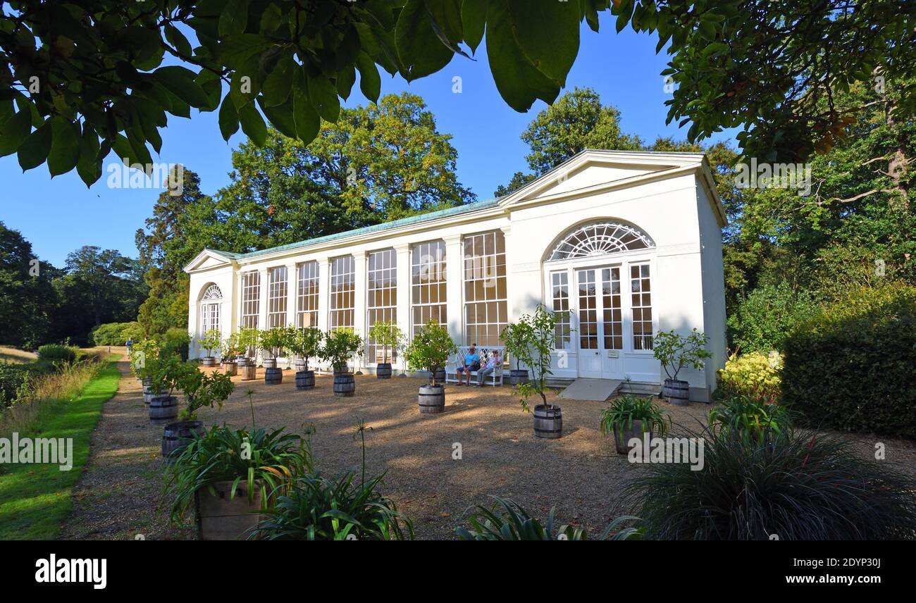 Historic Orangery with  rectangular central windows to allow more light to enter Stock Photo