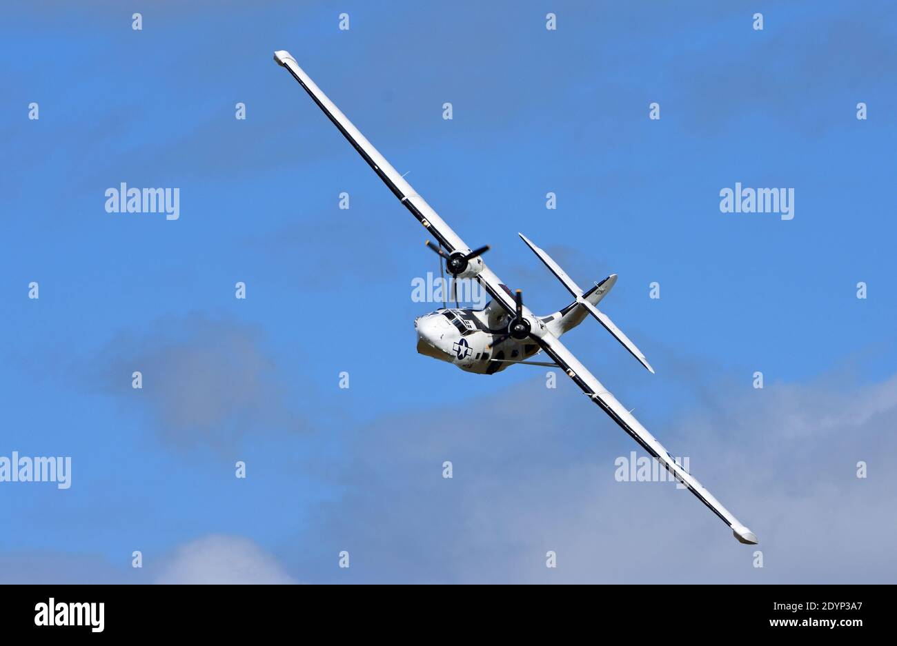Vintage  PBY-5A Catalina Miss Pick Up (G-PBYA) Flying Boat  in Flight. Stock Photo