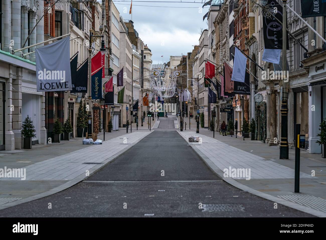 Coronavirus: Boxing Day streets of west London remain mostly empty due to continued Tier 4 restrictions with non-essential businesses closed. Stock Photo
