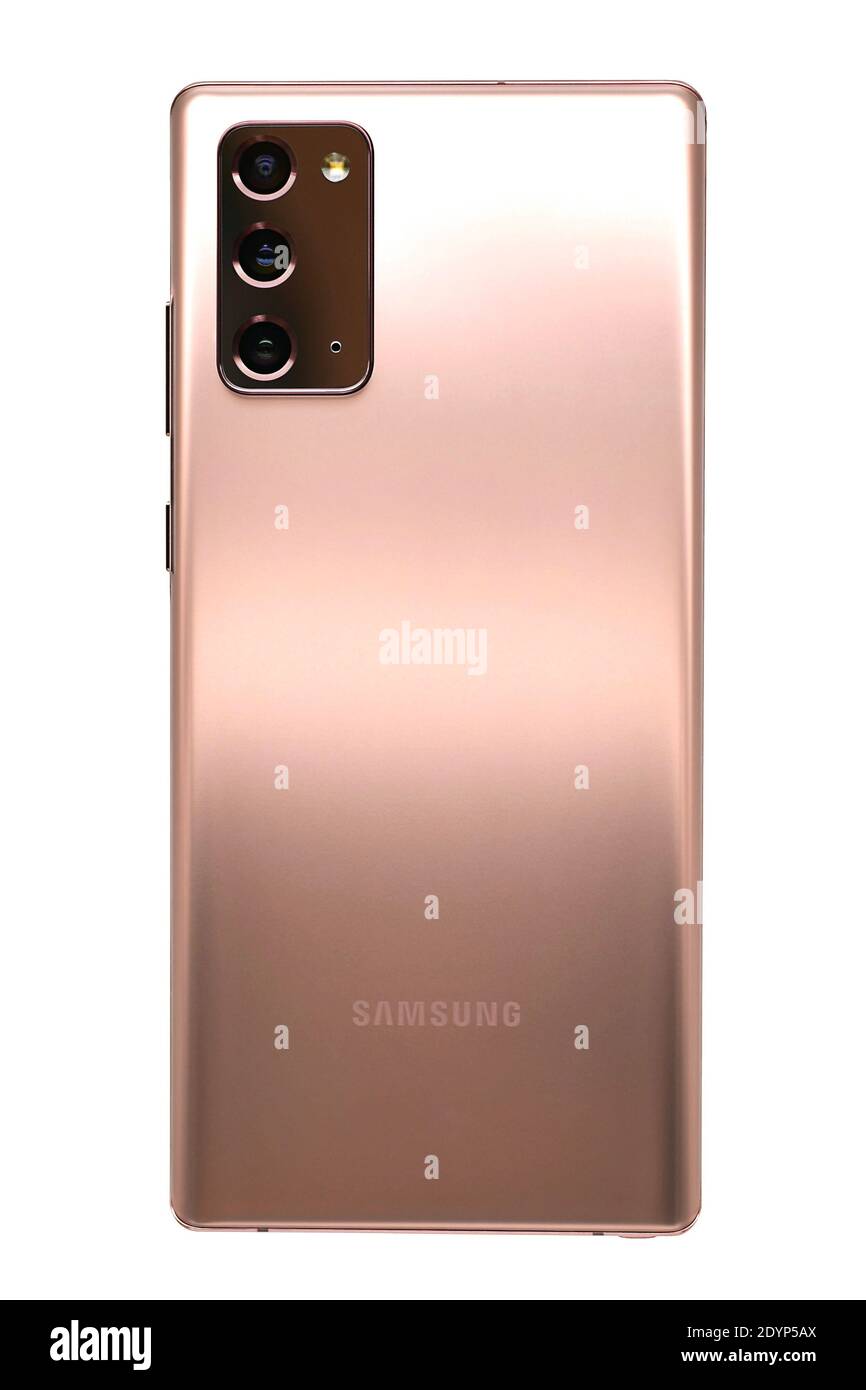 Samsung Galaxy Note 20 256GB smartphone 6.7 inches 3 hybrid zoom 8K video, bronze. Back view panel case isolated on white. Stock Photo
