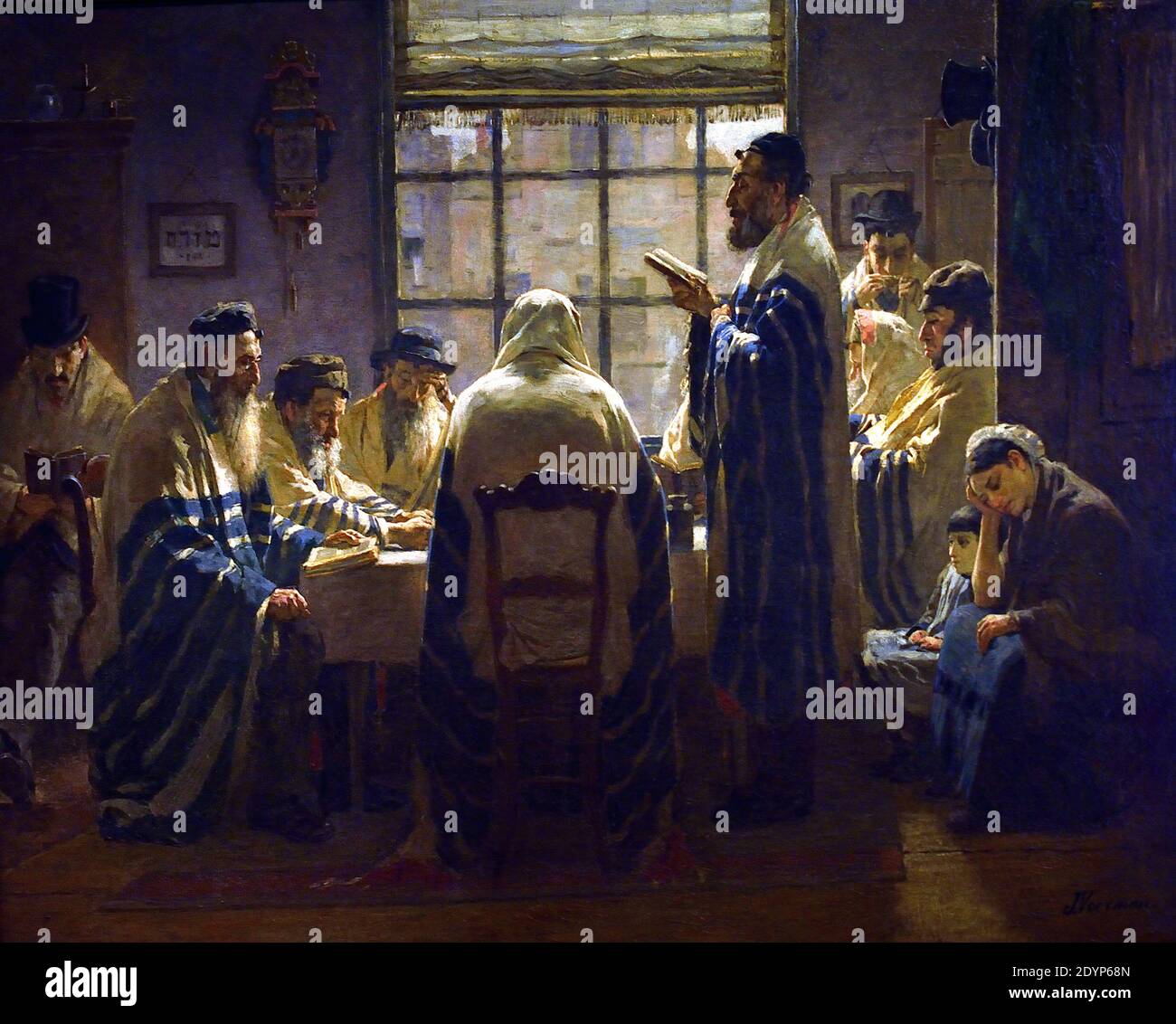 De Rouwdagen - De treurdagen - The Mourning Days 1884 Four seated reading men clad in tallit, a figure seen from behind, a standing reader turned to the left in tallit, two men, two women and a child  Jewish historical museum Amsterdam, The Netherlands, Dutch, Stock Photo