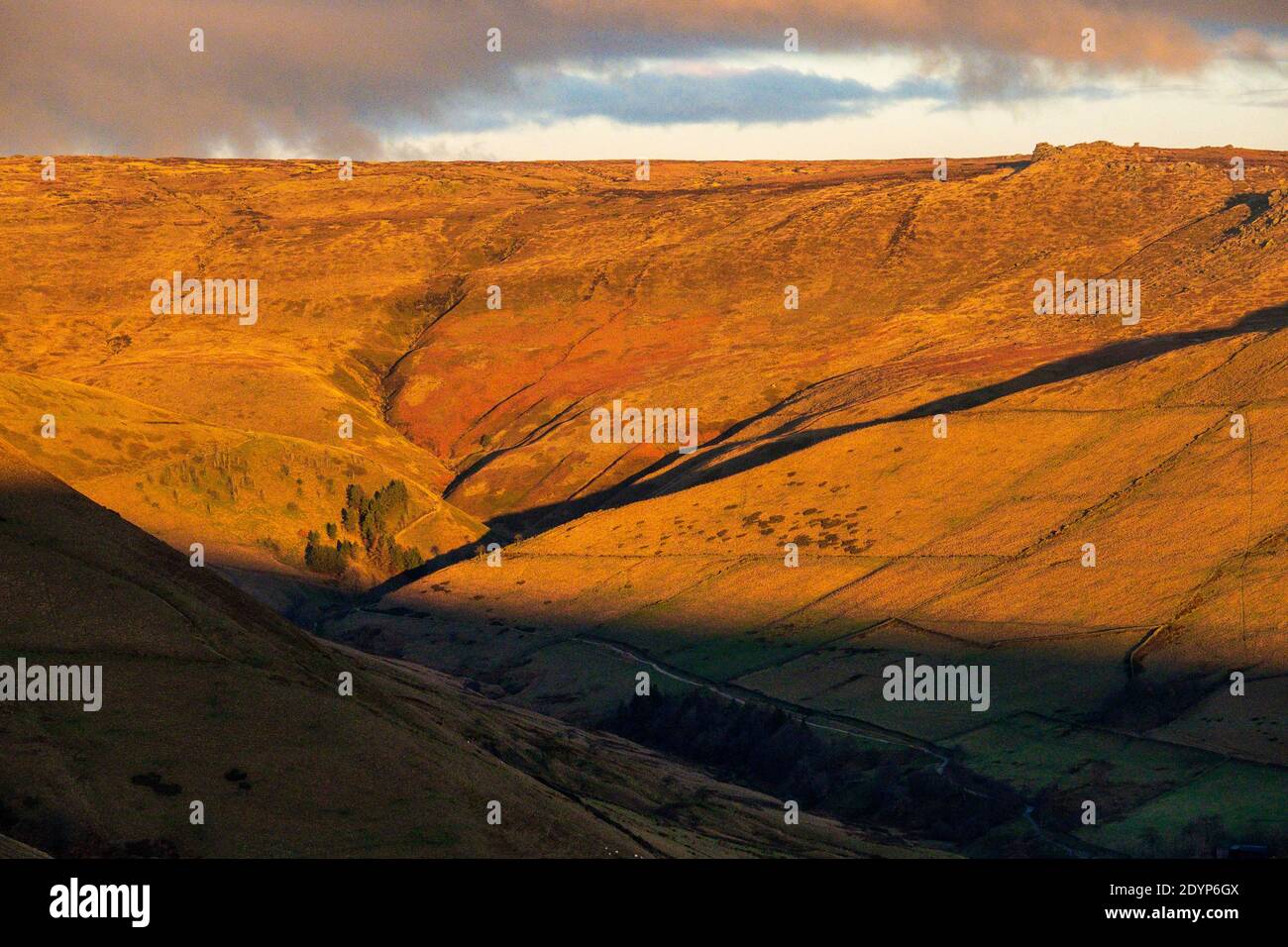 The upland moors of the Peak District around Kinder Scout in early morning light Stock Photo