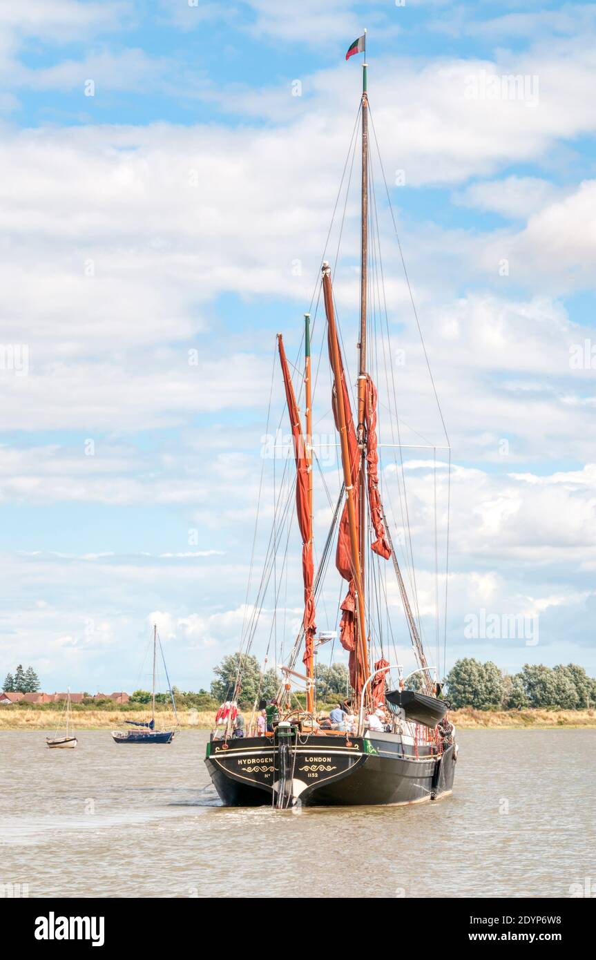 The Thames sailing barge SB Hydrogen, now running pleasure trips on the Blackwater Estuary at Maldon in Essex. Stock Photo