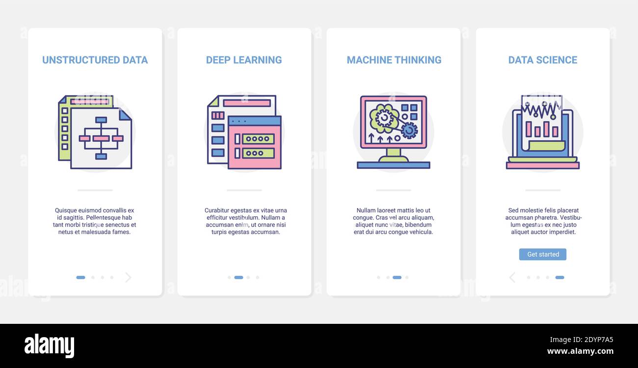 Data science learning, machine thinking technology vector illustration. UX, UI onboarding mobile app page screen set with line digital unstructured data symbols, computing connection database service Stock Vector