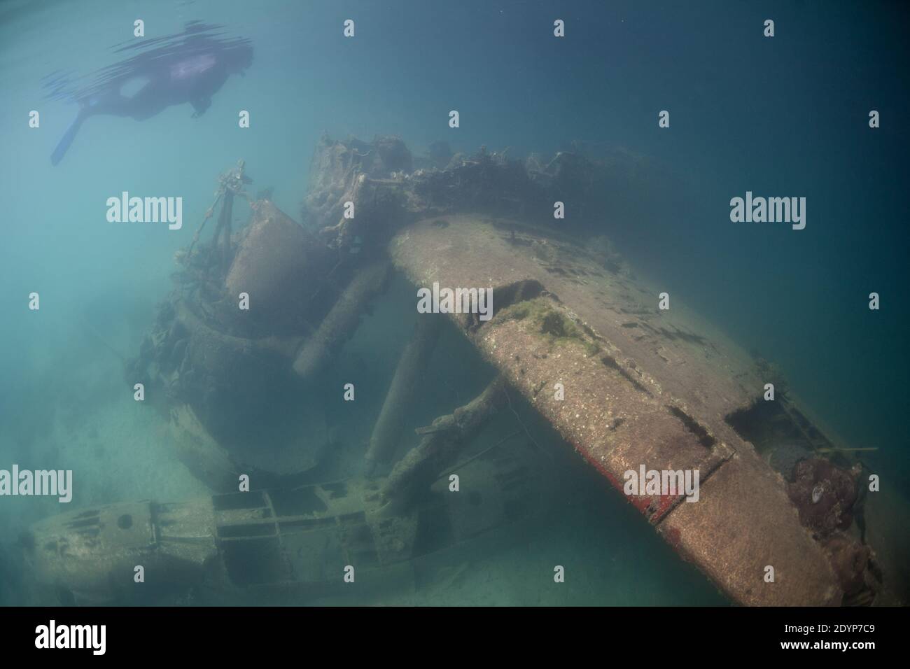 A snorkeler drifts above a Japanese sea plane that was shot down during World War II in Palau's lagoon. Palau's seafloor is littered with war wrecks. Stock Photo