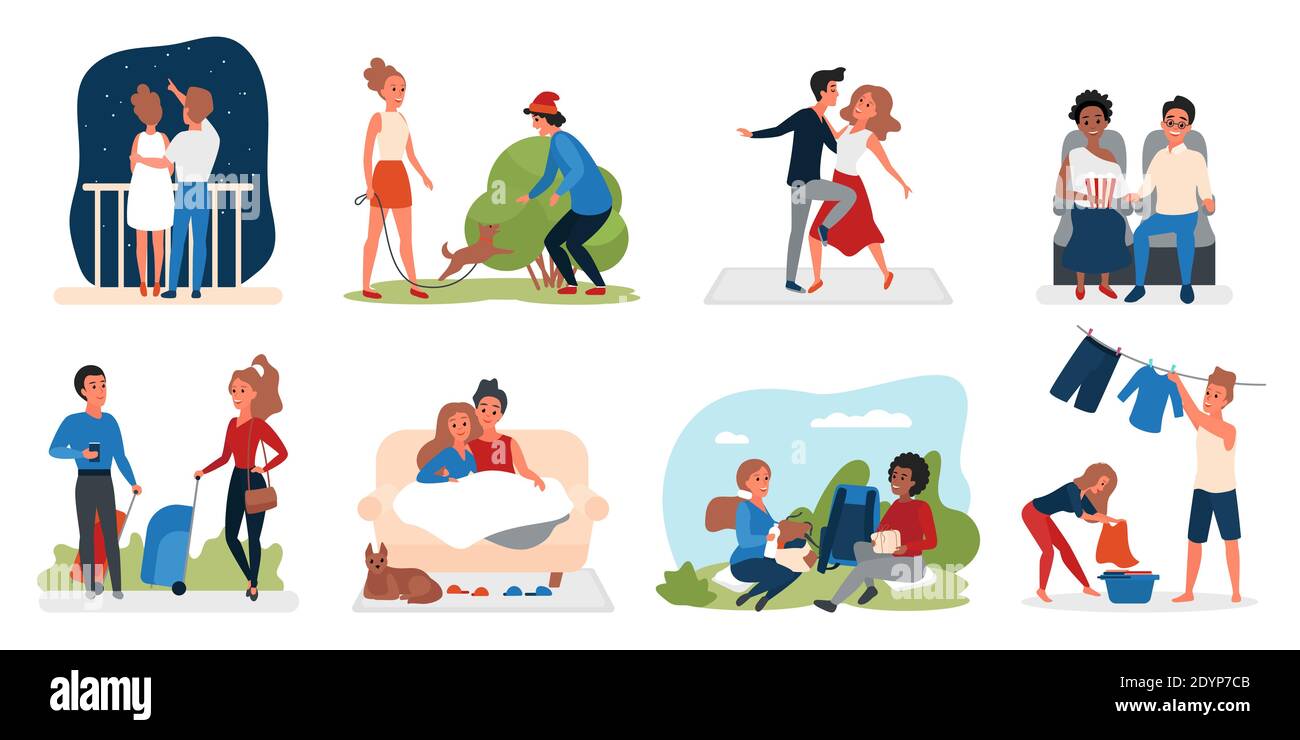 Couple people loving activity vector illustration set. Cartoon active man woman lover characters walking with pet dog dancing dating sitting traveling together, love and relationship isolated on white Stock Vector