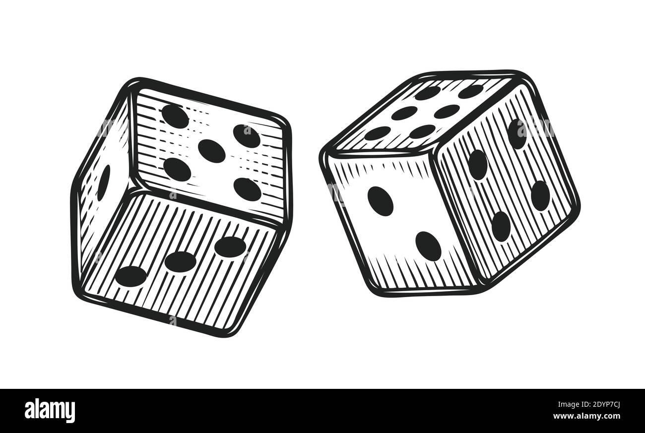 Two white dice. Gambling, game sketch vintage vector illustration Stock Vector