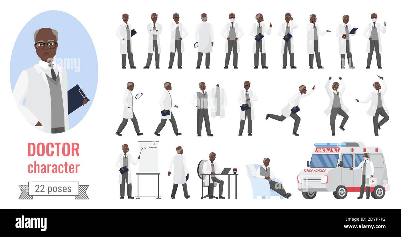 Doctor man poses vector illustration set. Cartoon elderly male medical worker character woking in hospital in different poses, senior medic, physician healthcare staff posing isolated on white Stock Vector