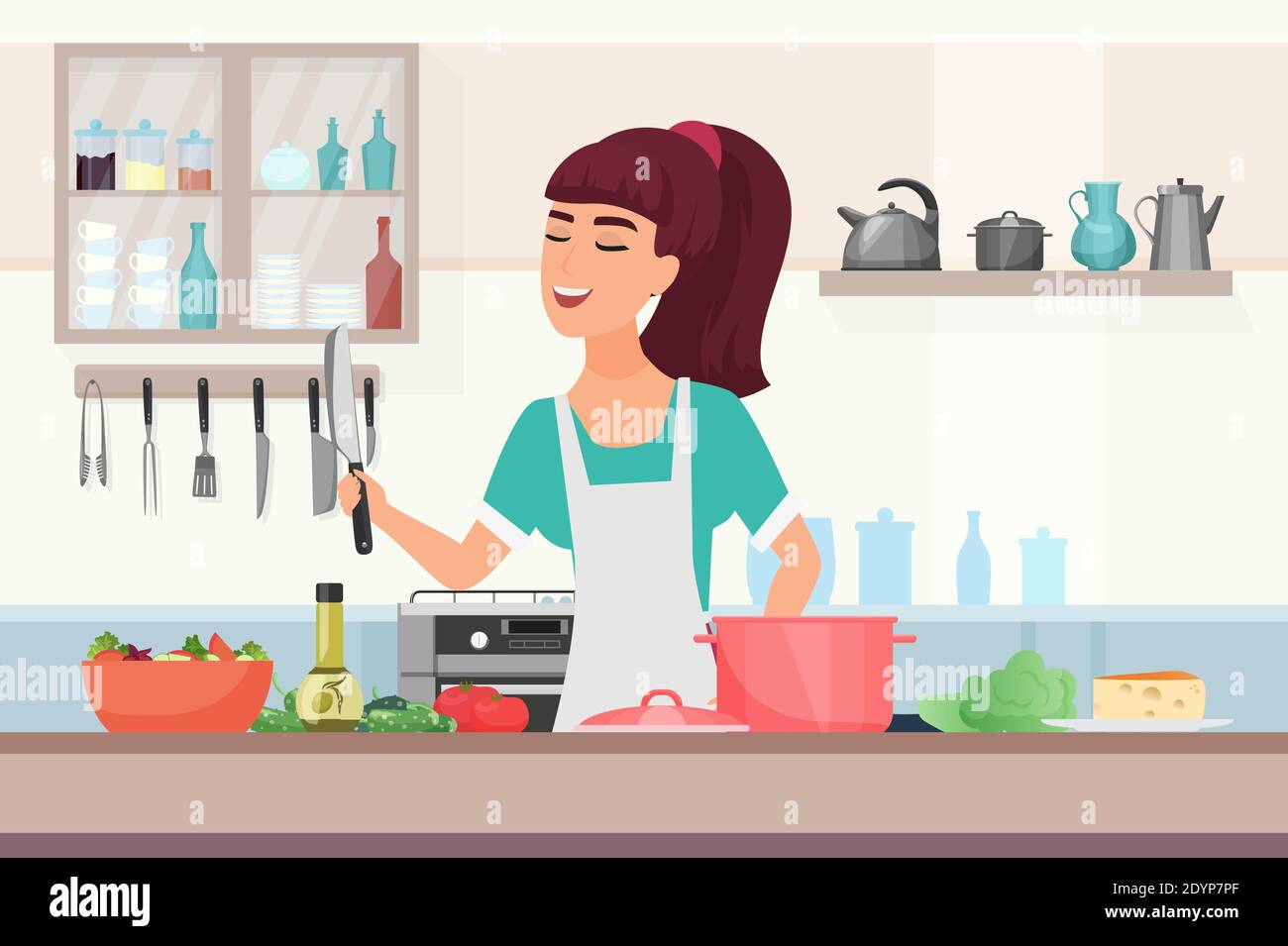 Girl cooking food vector illustration. Cartoon young woman chef