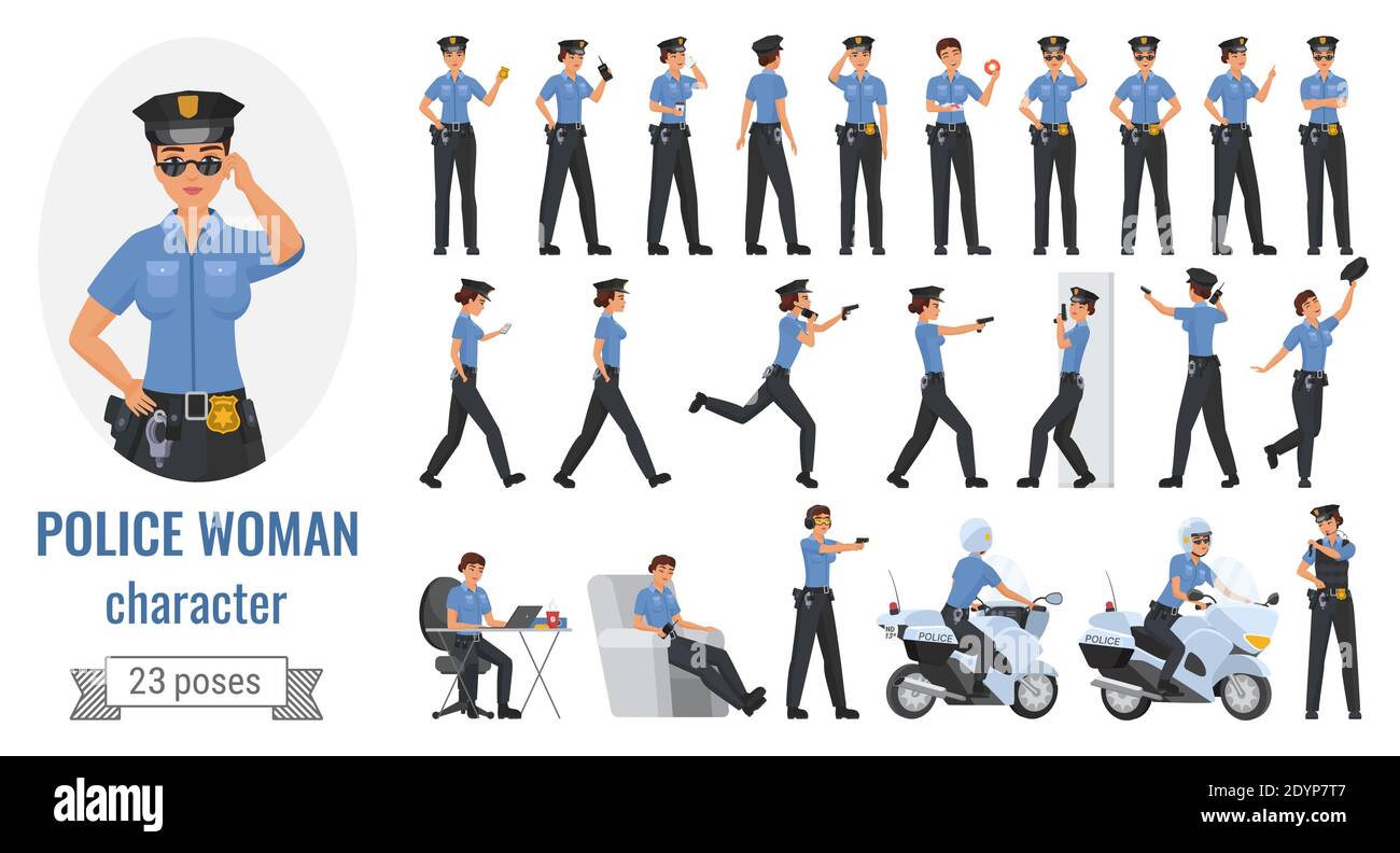 Police officer woman poses vector illustration set. Cartoon young female worker character working in different poses, gestures and actions, posing with phone, gun, police motorcycle isolated on white Stock Vector