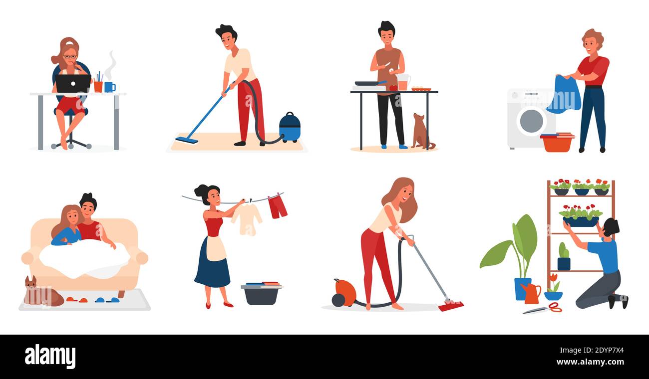 People home activity vector illustration set. Cartoon active young couple characters in everyday life, working with laptop, cooking, cleaning home household with vacuum cleaner isolated on white Stock Vector