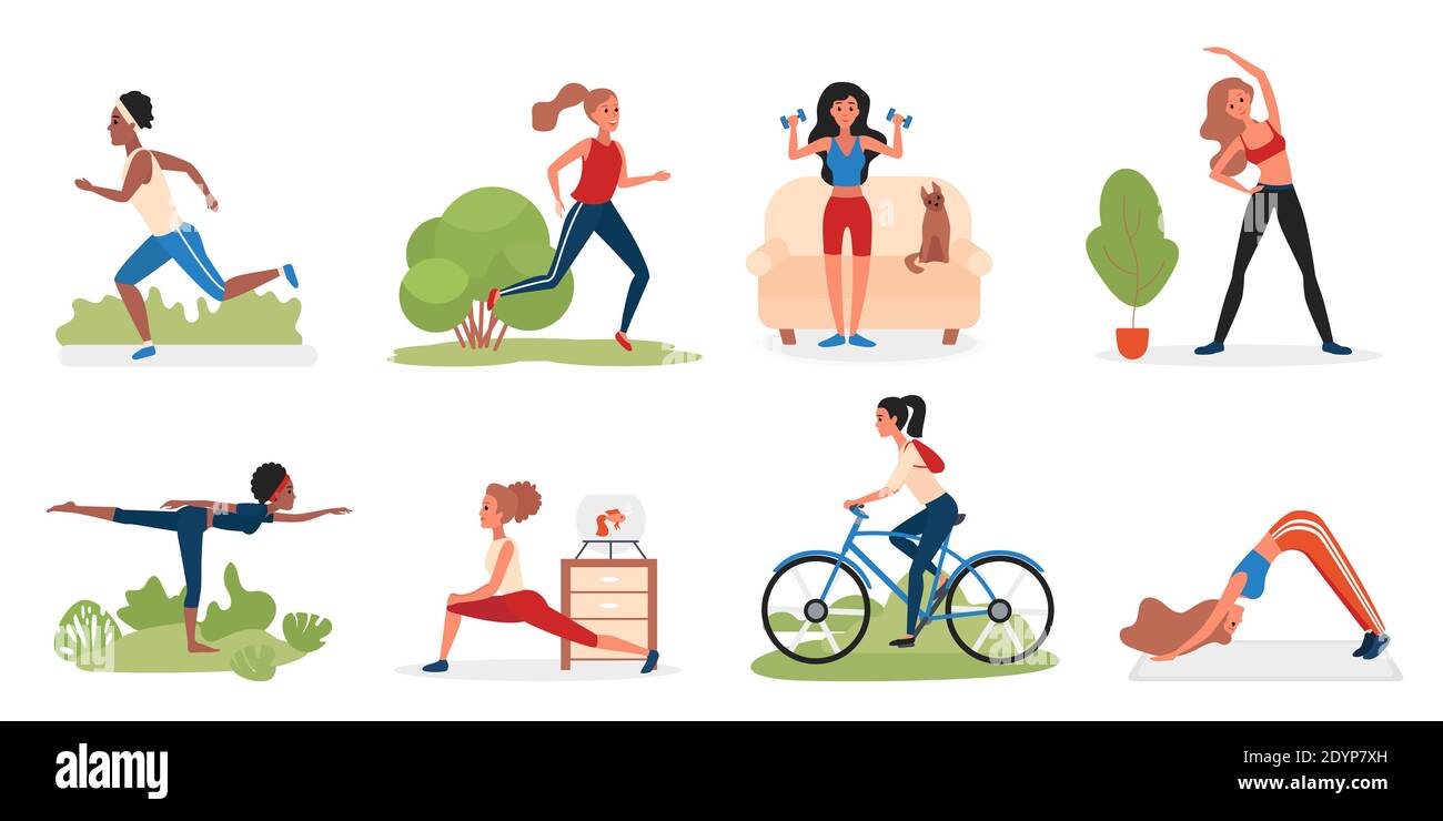 Sport woman activity vector illustration set. Cartoon active young female sportive character doing fitness workout with dumbbells, training stretching exercises and yoga, cycling isolated on white Stock Vector