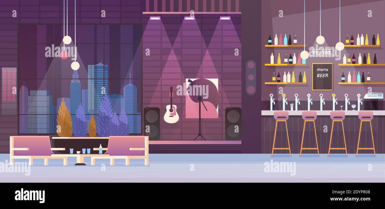 Restaurant interior vector illustration. Cartoon flat empty modern restaurant or night club cafe with stage for live music performance, table chairs and beer drinking menu under bar counter background Stock Vector