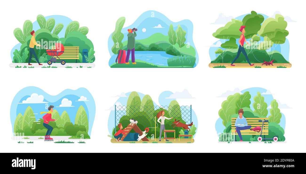 People spend time outdoor vector illustration. Cartoon active man woman characters walking with baby pram or dog in city park or on playground, sitting on bench and reading, hiking isolated on white Stock Vector
